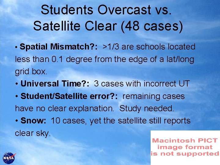 Students Overcast vs. Satellite Clear (48 cases) • Spatial Mismatch? : >1/3 are schools