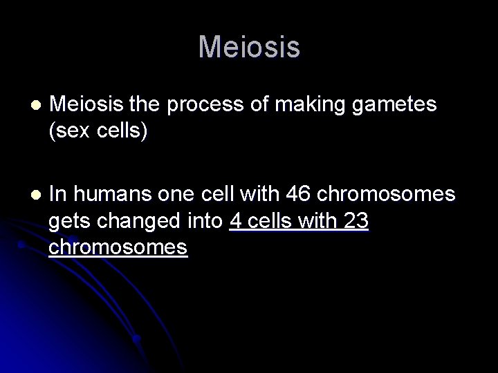 Meiosis l Meiosis the process of making gametes (sex cells) l In humans one