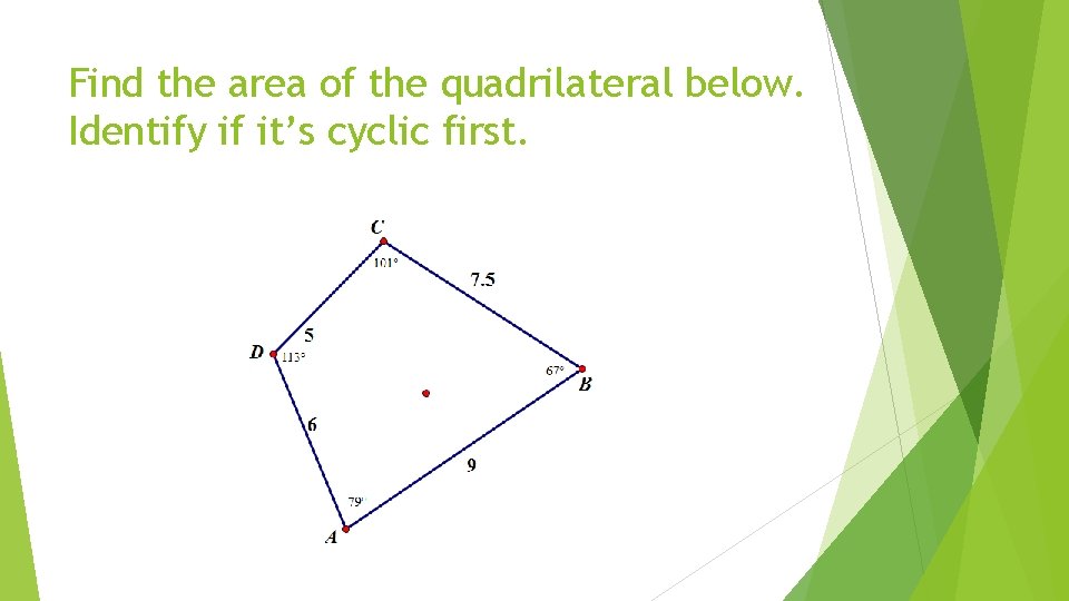 Find the area of the quadrilateral below. Identify if it’s cyclic first. 