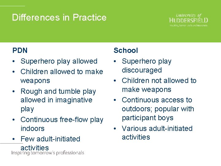 Differences in Practice PDN • Superhero play allowed • Children allowed to make weapons