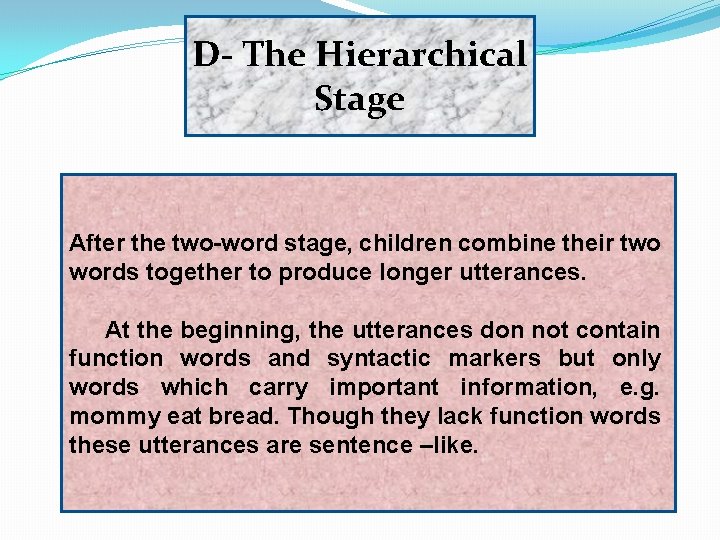D- The Hierarchical Stage After the two-word stage, children combine their two words together