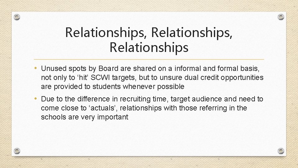 Relationships, Relationships • Unused spots by Board are shared on a informal and formal