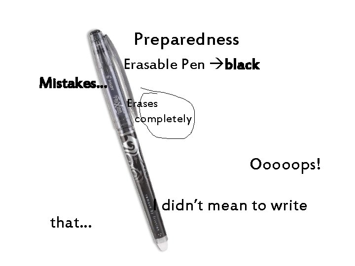 Preparedness Erasable Pen black Mistakes… Erases completely Ooooops! that… I didn’t mean to write