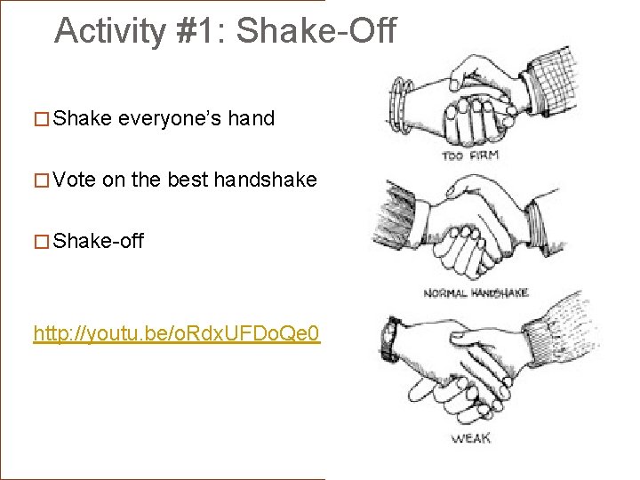 Activity #1: Shake-Off � Shake everyone’s hand � Vote on the best handshake �