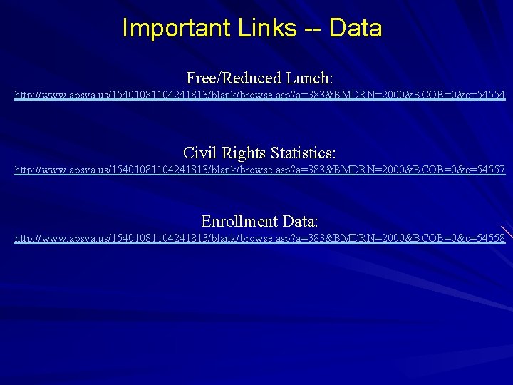 Important Links -- Data Free/Reduced Lunch: http: //www. apsva. us/15401081104241813/blank/browse. asp? a=383&BMDRN=2000&BCOB=0&c=54554 Civil Rights