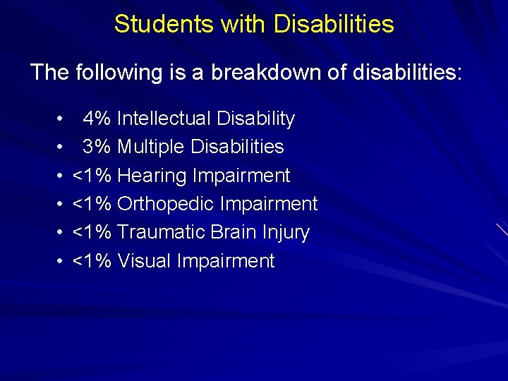 Students with Disabilities The following is a breakdown of disabilities: • • • 4%