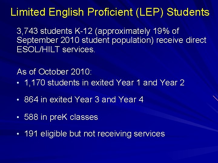 Limited English Proficient (LEP) Students 3, 743 students K-12 (approximately 19% of September 2010