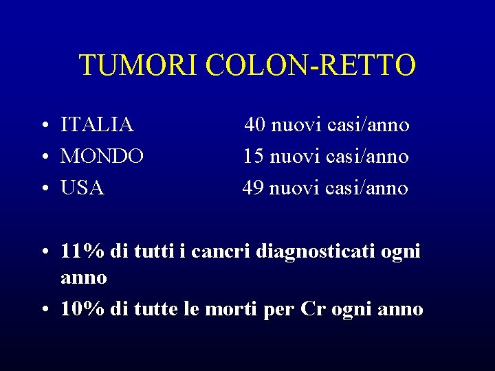 TUMORI COLON-RETTO • ITALIA • MONDO • USA 40 nuovi casi/anno 15 nuovi casi/anno