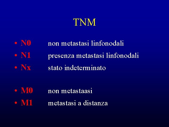 TNM • N 0 • N 1 • Nx non metastasi linfonodali • M