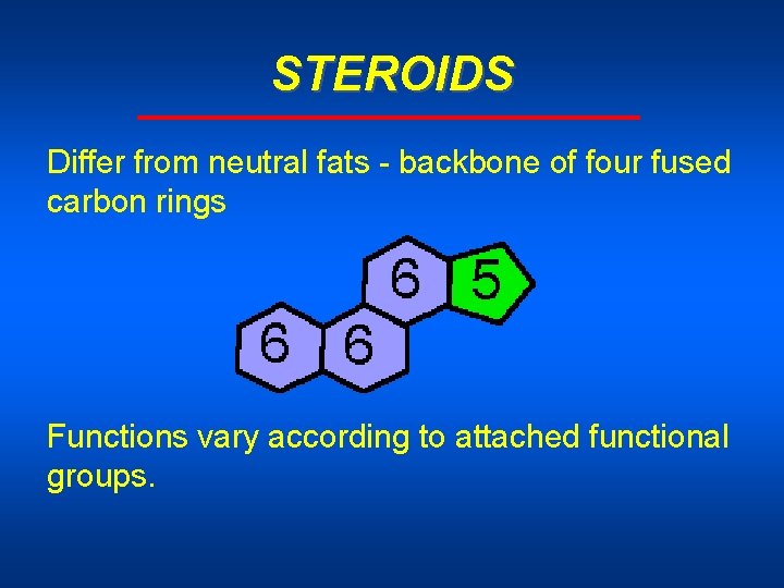 STEROIDS Differ from neutral fats - backbone of four fused carbon rings Functions vary