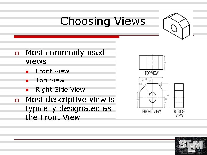 Choosing Views o Most commonly used views n n n o Front View Top