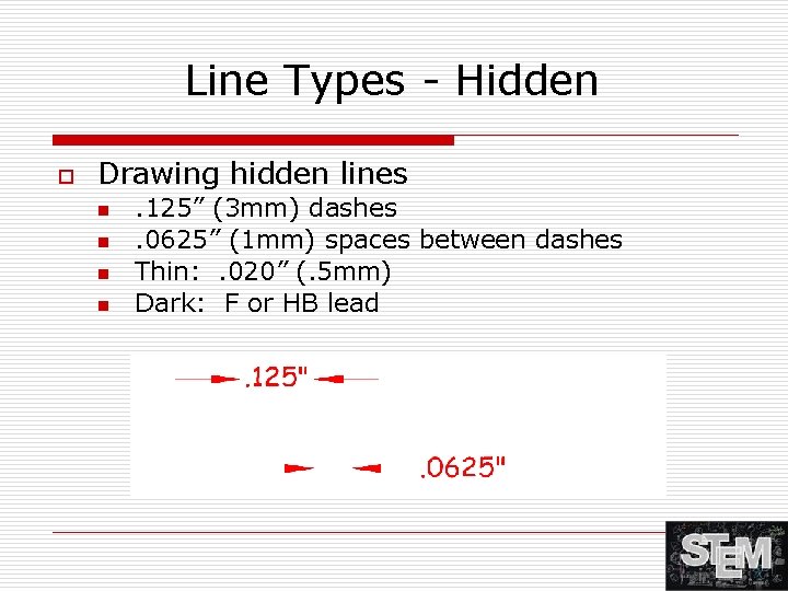 Line Types - Hidden o Drawing hidden lines n n . 125” (3 mm)