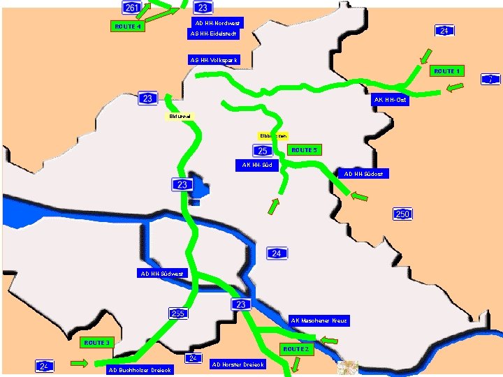 AD HH-Nordwest ROUTE 4 AS HH-Eidelstedt AS HH-Volkspark ROUTE 1 AK HH-Ost Elbtunnel Elbbrücken