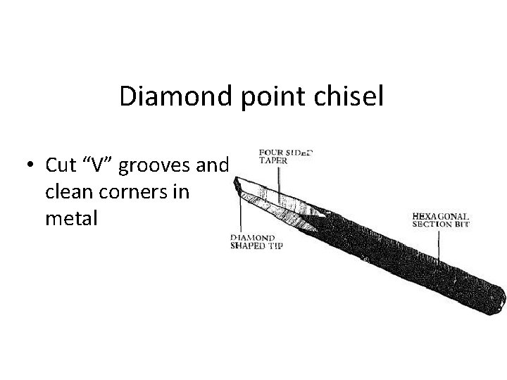 Diamond point chisel • Cut “V” grooves and clean corners in metal 
