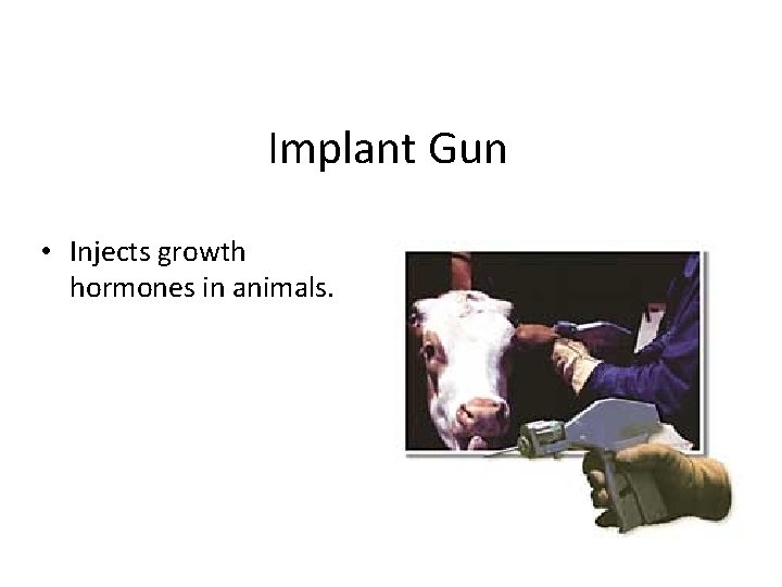 Implant Gun • Injects growth hormones in animals. 