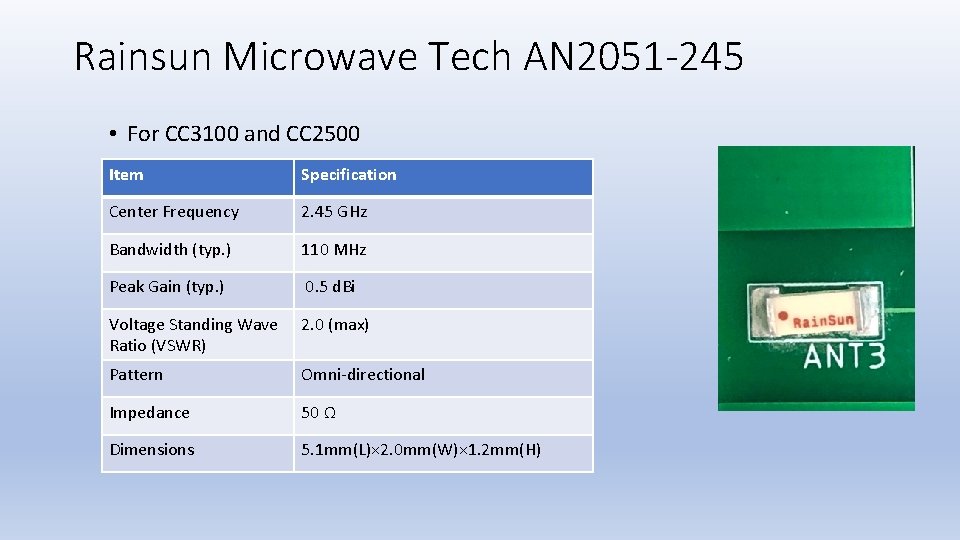 Rainsun Microwave Tech AN 2051 -245 • For CC 3100 and CC 2500 Item