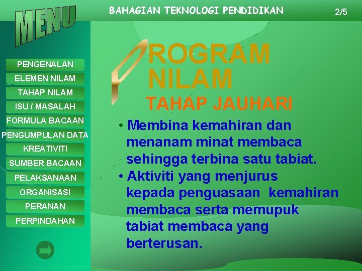 BAHAGIAN TEKNOLOGI PENDIDIKAN PENGENALAN ELEMEN NILAM TAHAP NILAM ISU / MASALAH FORMULA BACAAN PENGUMPULAN