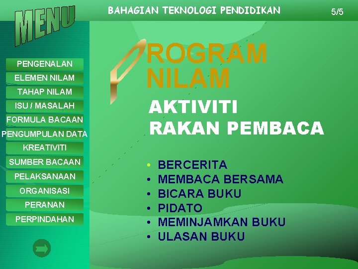 BAHAGIAN TEKNOLOGI PENDIDIKAN PENGENALAN ELEMEN NILAM TAHAP NILAM ISU / MASALAH FORMULA BACAAN PENGUMPULAN