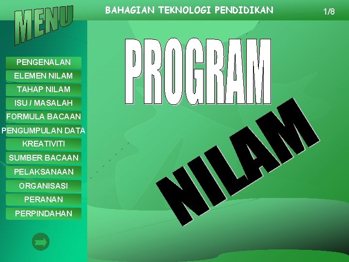 BAHAGIAN TEKNOLOGI PENDIDIKAN PENGENALAN ELEMEN NILAM TAHAP NILAM ISU / MASALAH FORMULA BACAAN PENGUMPULAN