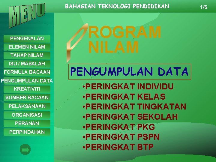 BAHAGIAN TEKNOLOGI PENDIDIKAN PENGENALAN ELEMEN NILAM TAHAP NILAM ISU / MASALAH FORMULA BACAAN PENGUMPULAN