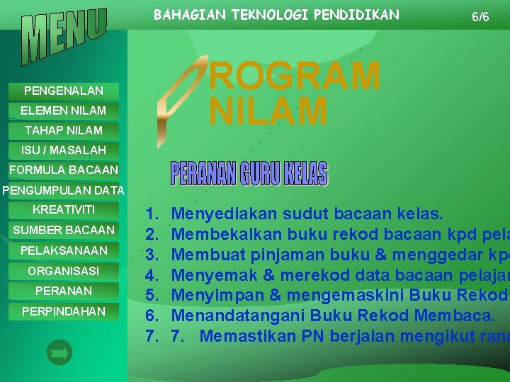 BAHAGIAN TEKNOLOGI PENDIDIKAN 6/6 ROGRAM NILAM PENGENALAN ELEMEN NILAM TAHAP NILAM ISU / MASALAH