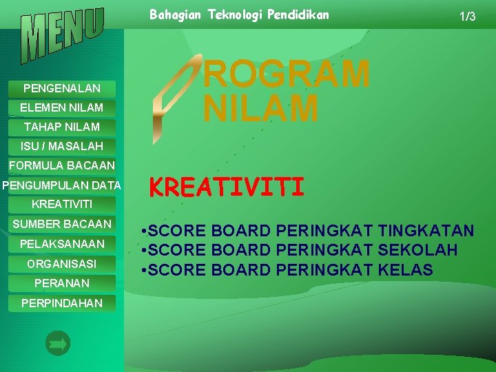 Bahagian Teknologi Pendidikan PENGENALAN ELEMEN NILAM TAHAP NILAM 1/3 ROGRAM NILAM ISU / MASALAH