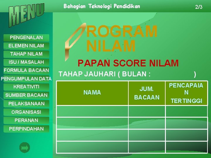 Bahagian Teknologi Pendidikan PENGENALAN ELEMEN NILAM TAHAP NILAM ISU / MASALAH FORMULA BACAAN PENGUMPULAN