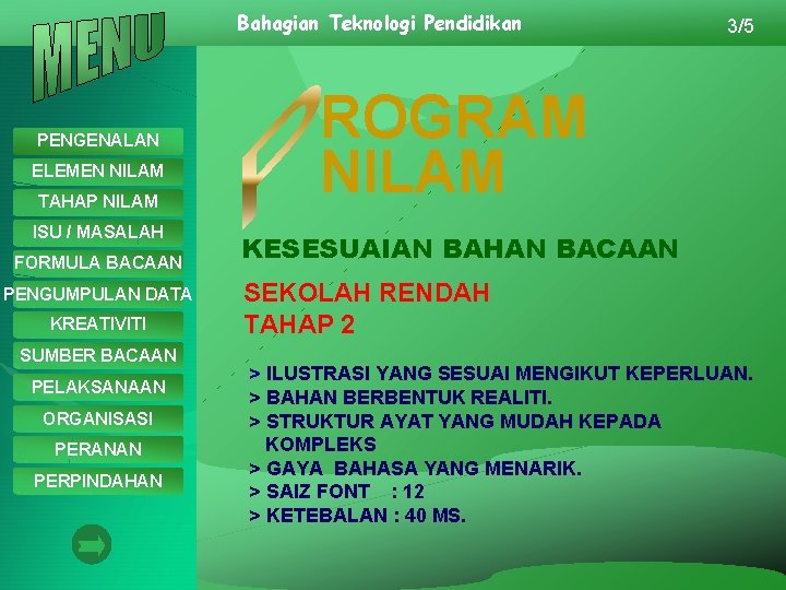 Bahagian Teknologi Pendidikan PENGENALAN ELEMEN NILAM TAHAP NILAM ISU / MASALAH FORMULA BACAAN PENGUMPULAN