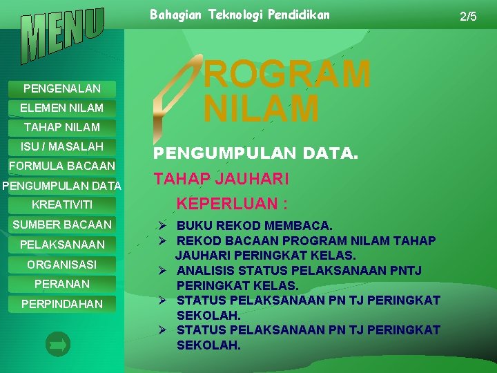 Bahagian Teknologi Pendidikan PENGENALAN ELEMEN NILAM TAHAP NILAM ISU / MASALAH FORMULA BACAAN PENGUMPULAN