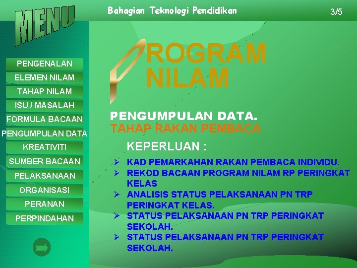 Bahagian Teknologi Pendidikan PENGENALAN ELEMEN NILAM TAHAP NILAM ISU / MASALAH FORMULA BACAAN PENGUMPULAN