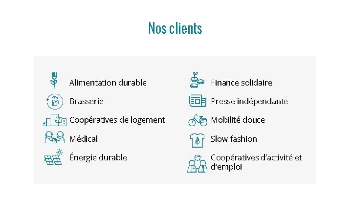 Nos clients Alimentation durable Finance solidaire Brasserie Presse indépendante Coopératives de logement Mobilité douce