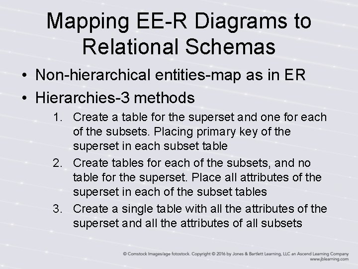 Mapping EE-R Diagrams to Relational Schemas • Non-hierarchical entities-map as in ER • Hierarchies-3