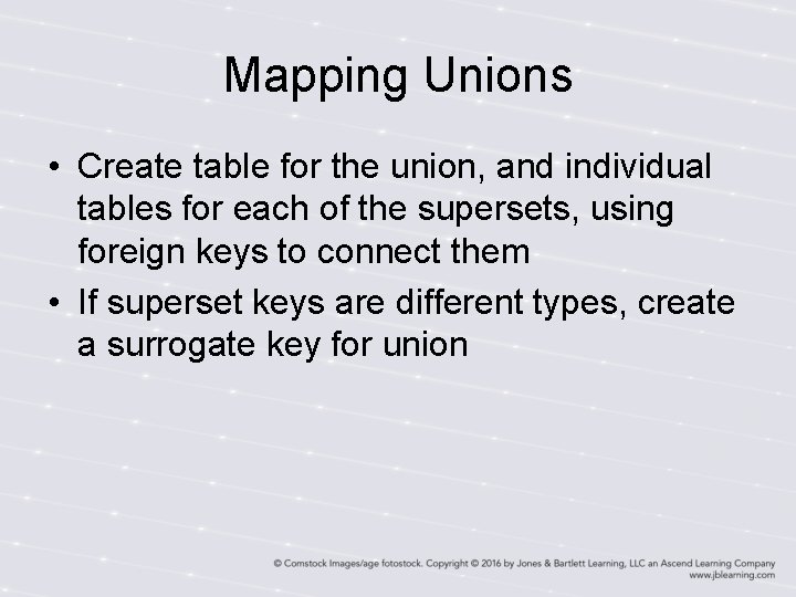Mapping Unions • Create table for the union, and individual tables for each of