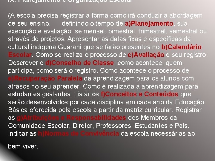 IX. Planejamento e Organização Escolar (A escola precisa registrar a forma como irá conduzir