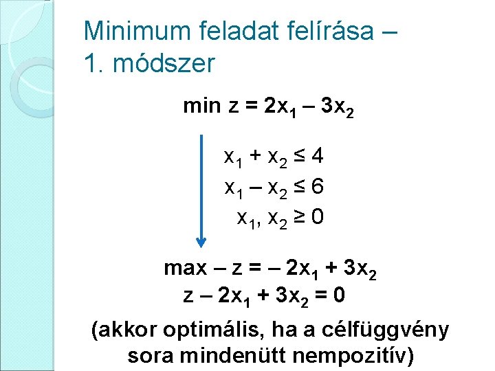 Minimum feladat felírása – 1. módszer min z = 2 x 1 – 3