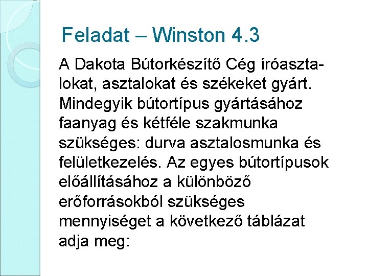 Feladat – Winston 4. 3 A Dakota Bútorkészítő Cég íróasztalokat, asztalokat és székeket gyárt.