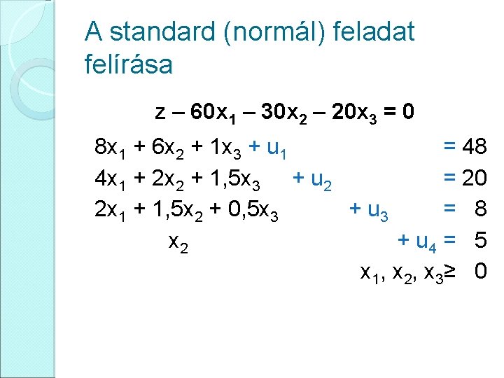 A standard (normál) feladat felírása z – 60 x 1 – 30 x 2