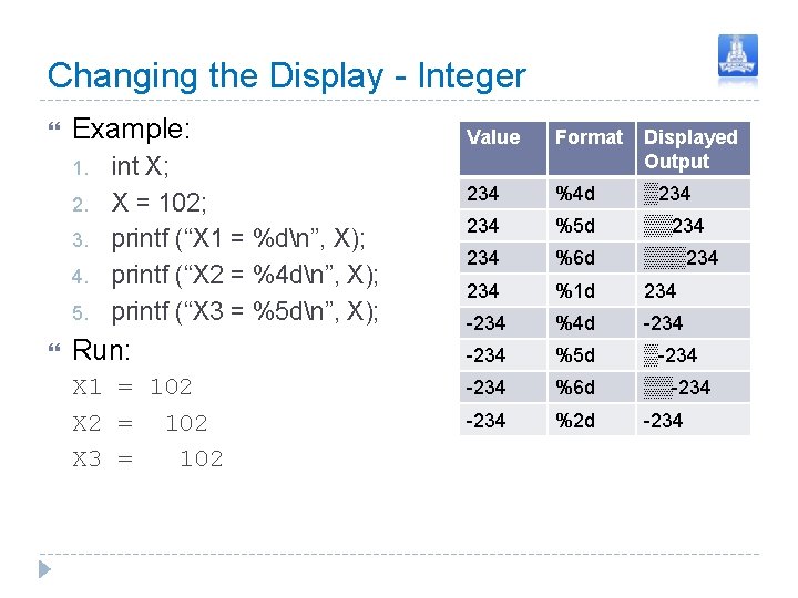 Changing the Display - Integer Example: 1. 2. 3. 4. 5. int X; X Changing the Display - Integer Example: 1. 2. 3. 4. 5. int X; X