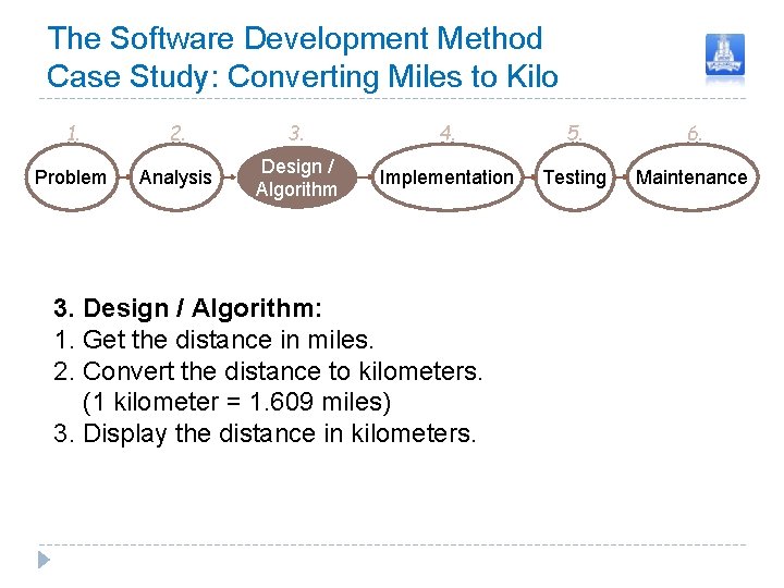 The Software Development Method Case Study: Converting Miles to Kilo 1. 2. 3. 4. The Software Development Method Case Study: Converting Miles to Kilo 1. 2. 3. 4.