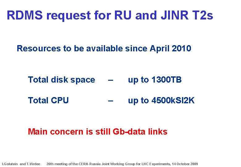 RDMS request for RU and JINR T 2 s Resources to be available since