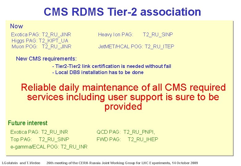 CMS RDMS Tier-2 association Now Exotica PAG: T 2_RU_JINR Higgs PAG: T 2_KIPT_UA Muon