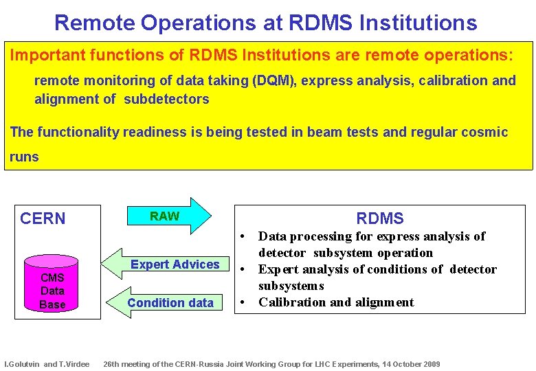 Remote Operations at RDMS Institutions Important functions of RDMS Institutions are remote operations: remote