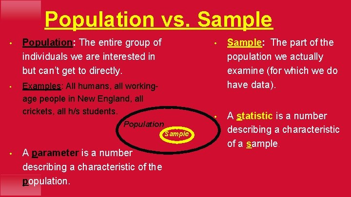 Population vs. Sample • Population: The entire group of individuals we are interested in