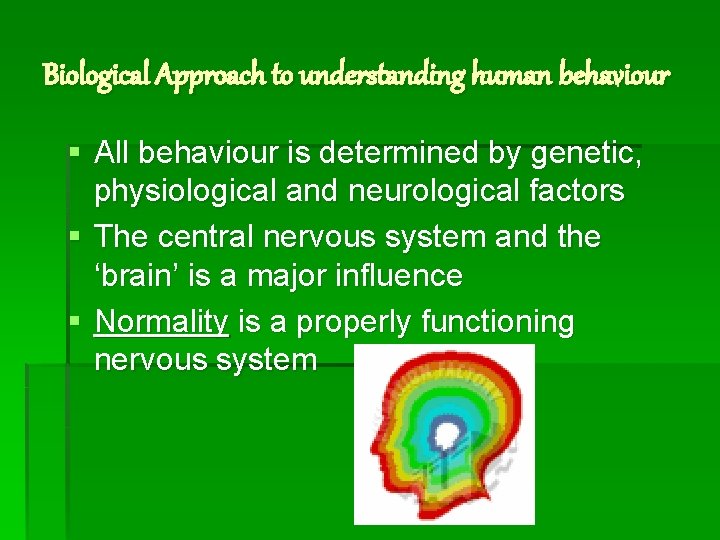 Biological Approach to understanding human behaviour § All behaviour is determined by genetic, physiological