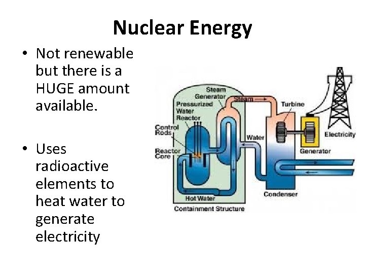 Nuclear Energy • Not renewable but there is a HUGE amount available. • Uses