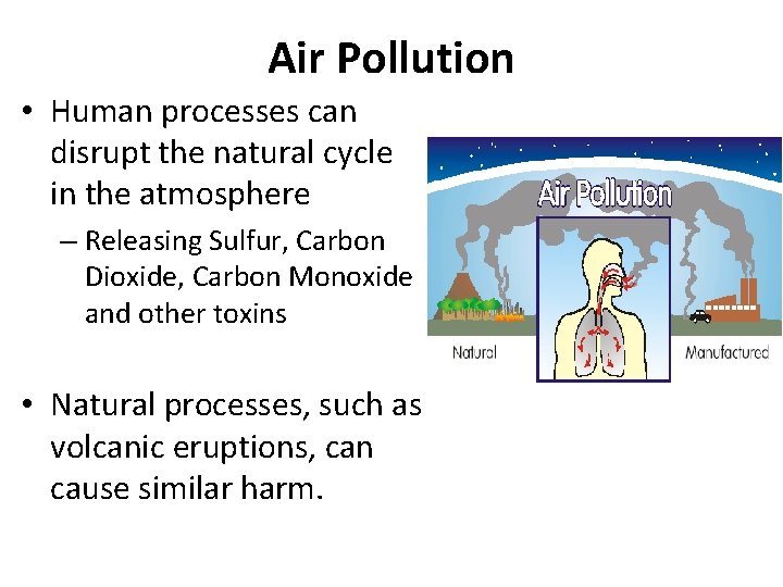 Air Pollution • Human processes can disrupt the natural cycle in the atmosphere –