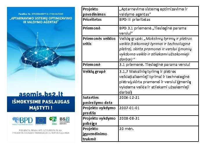 Projekto pavadinimas Prioritetas „Aptarnavimo sistemų optimizavimo ir valdymo agentas“ BPD III prioritetas Priemonė BPD