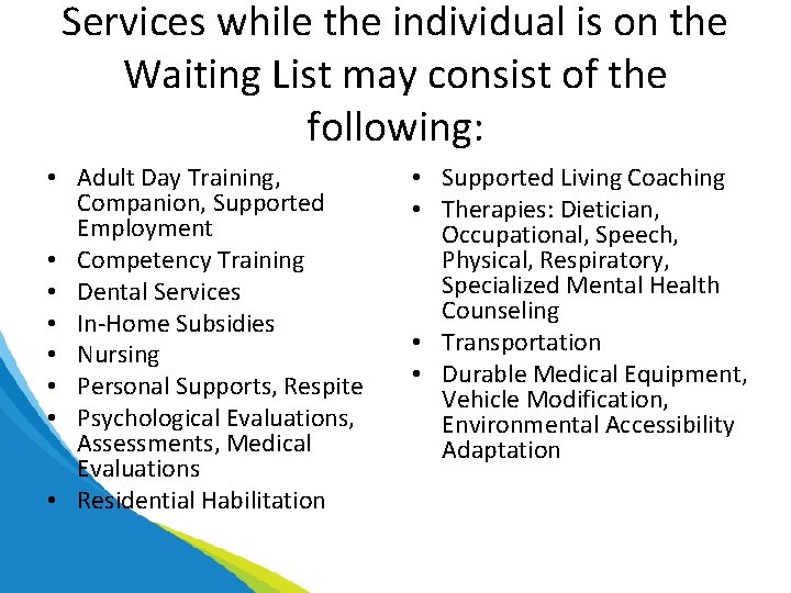 Services while the individual is on the Waiting List may consist of the following: