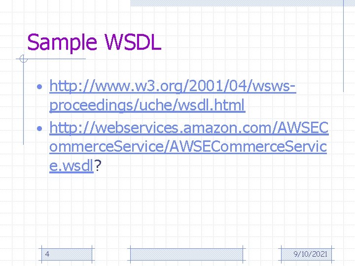 Sample WSDL • http: //www. w 3. org/2001/04/wsws- proceedings/uche/wsdl. html • http: //webservices. amazon.