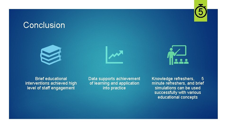 5 Conclusion Brief educational interventions achieved high level of staff engagement Data supports achievement